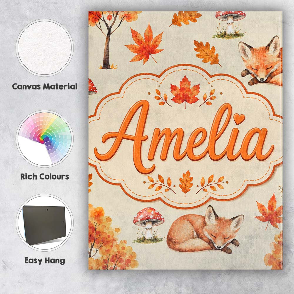 Personalised Name Cute Autumn Fox Leaves Custom Unique Gift Idea Elegant Feature Canvas Wall Art Print Decor Picture Ready to Hang