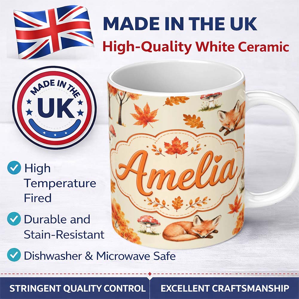 Personalized Custom Name Cute Autumn Fox Leaves Mushrooms Watercolor Seamless Pattern Name 11oz Ceramic Coffee Tea Mug White Large Handle
