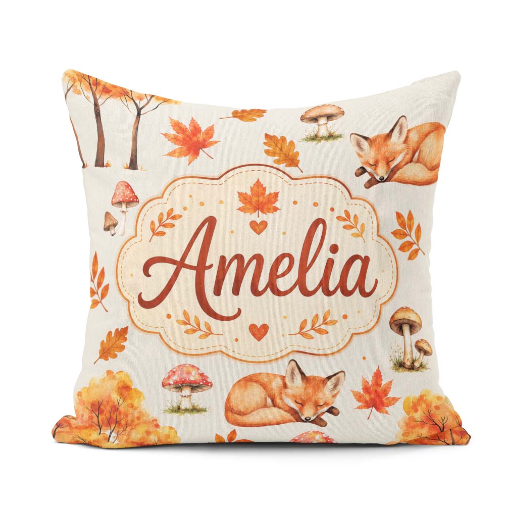 Custom Name Autumn Fox Leaves Mushrooms Watercolor Beige Pattern Square Filled Cushion Throw Pillow Sofa Bed Home Decor Zip Washable UK Made