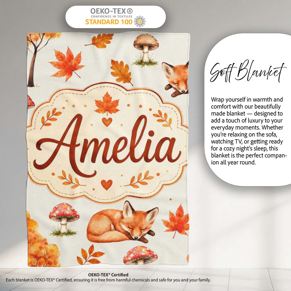 Cute Autumn Fox Leaves Mushrooms Watercolor Beige Seamless Pattern Personalised Custom Name Super Soft Fleece Blanket Bed Sofa Throw