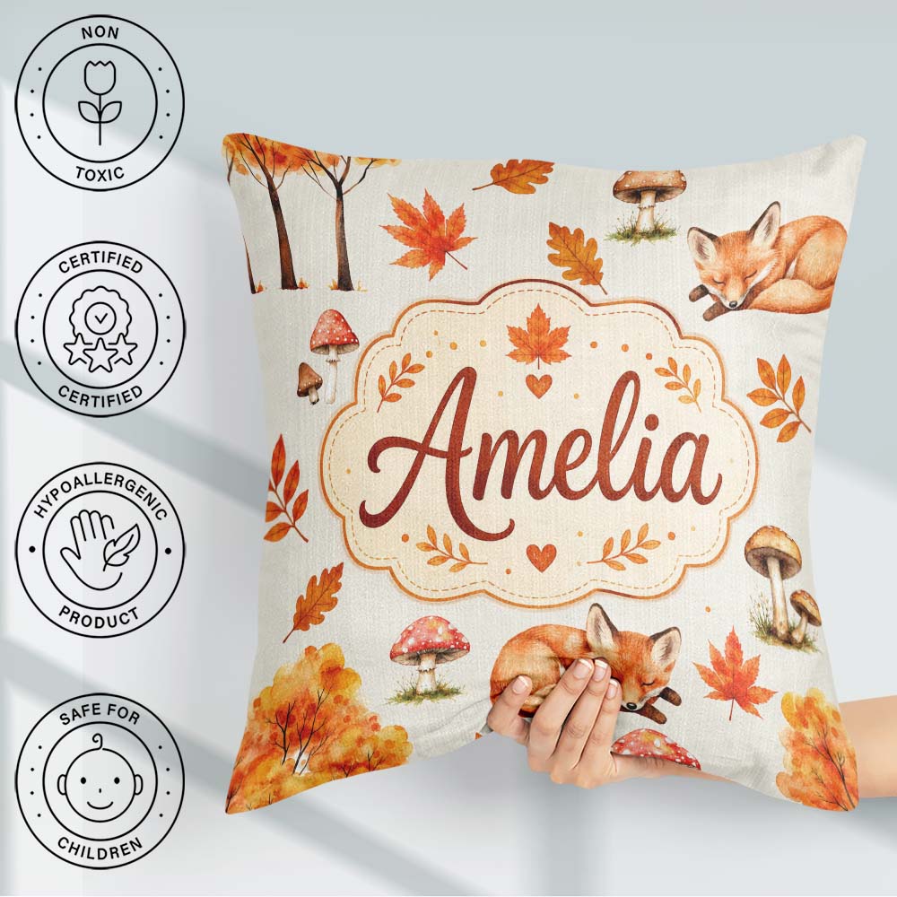 Custom Name Autumn Fox Leaves Mushrooms Watercolor Beige Pattern Square Filled Cushion Throw Pillow Sofa Bed Home Decor Zip Washable UK Made