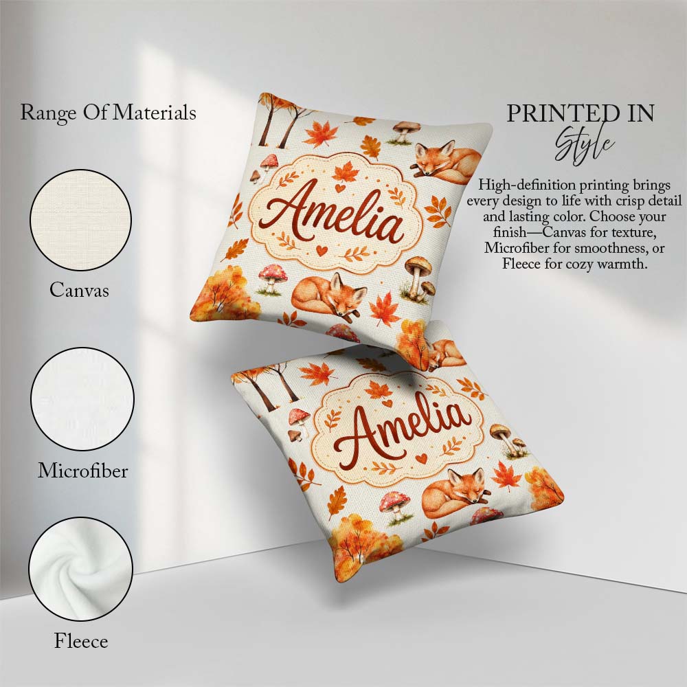 Custom Name Autumn Fox Leaves Mushrooms Watercolor Beige Pattern Square Filled Cushion Throw Pillow Sofa Bed Home Decor Zip Washable UK Made