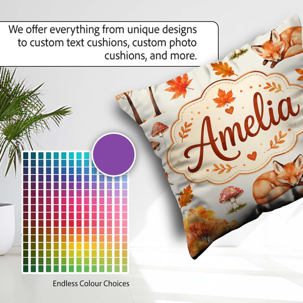 Custom Name Autumn Fox Leaves Mushrooms Watercolor Beige Pattern Square Filled Cushion Throw Pillow Sofa Bed Home Decor Zip Washable UK Made
