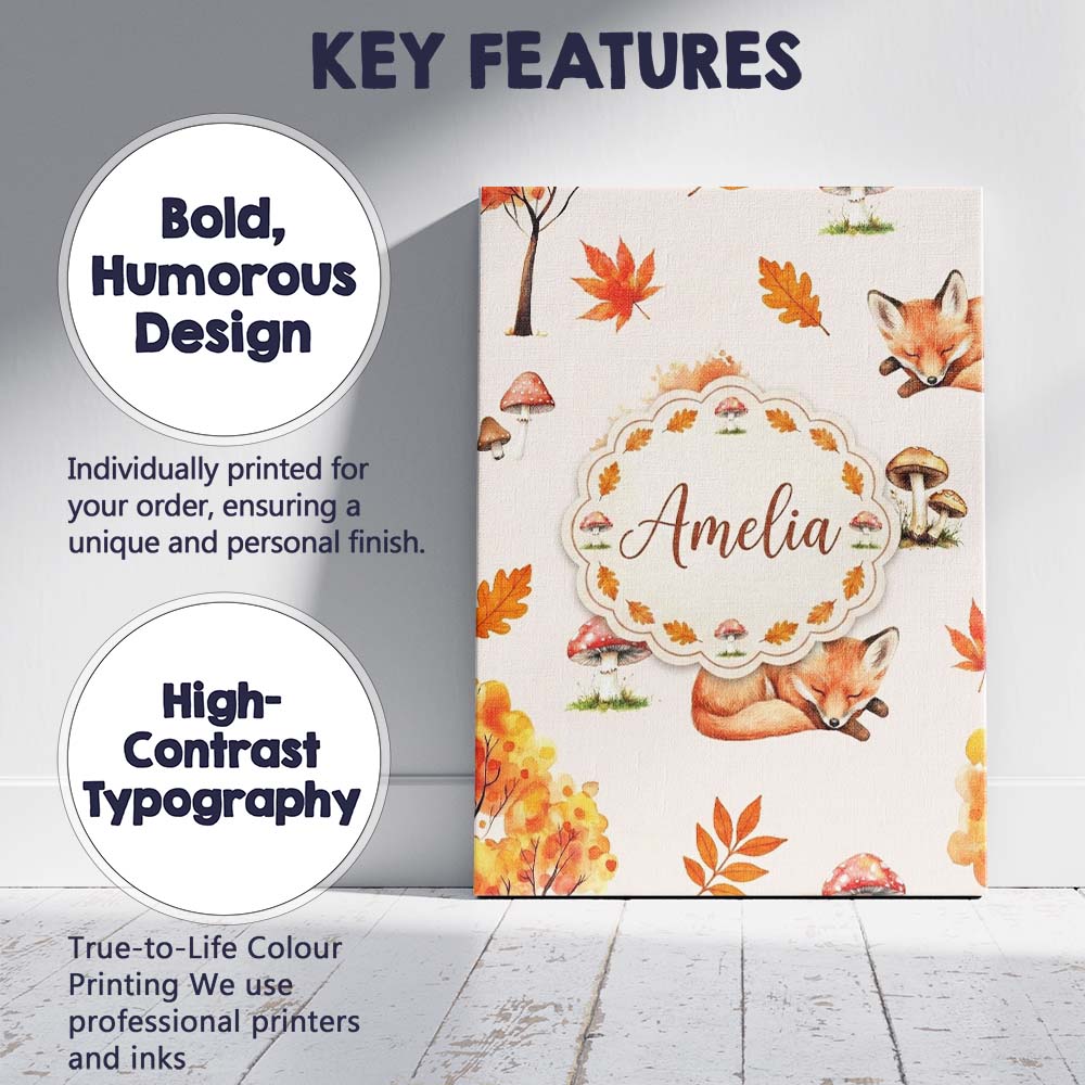 Personalised Name Cute Autumn Fox Leaves Custom Unique Gift Idea Elegant Feature Canvas Wall Art Print Decor Picture Ready to Hang