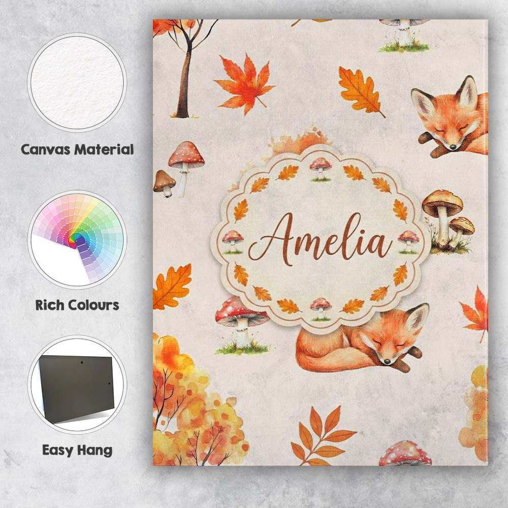 Personalised Name Cute Autumn Fox Leaves Custom Unique Gift Idea Elegant Feature Canvas Wall Art Print Decor Picture Ready to Hang