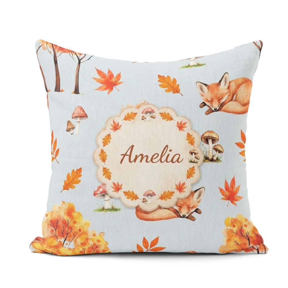 Custom Name Cute Autumn Fox Mushrooms Watercolor Blue Background Square Filled Cushion Throw Pillow Sofa Bed Home Decor Zip Washable UK Made