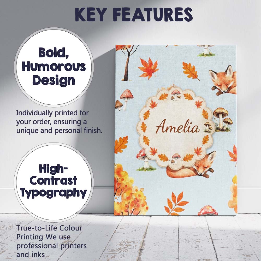 Personalised Name Cute Autumn Fox Leaves Custom Unique Gift Idea Elegant Feature Canvas Wall Art Print Decor Picture Ready to Hang