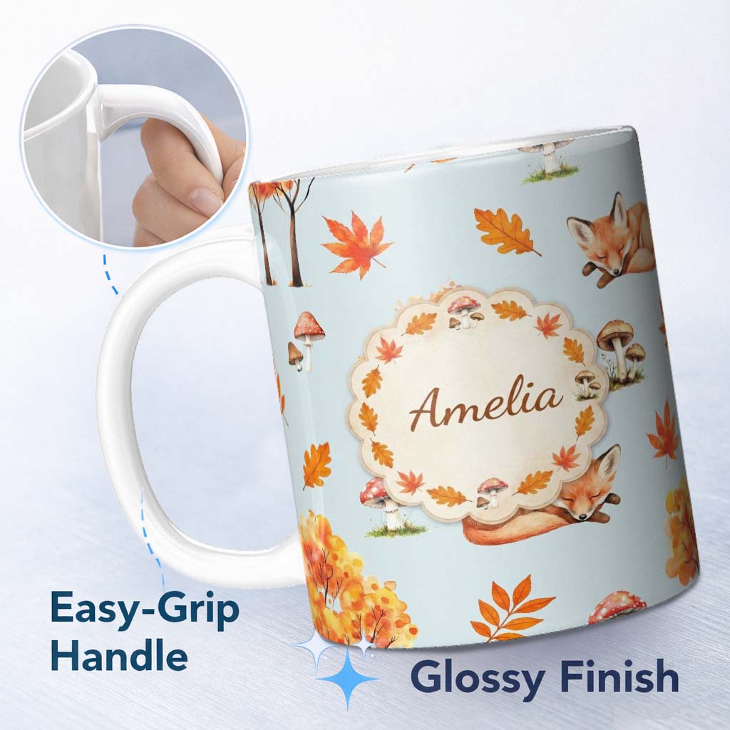 Personalized Custom Name Cute Autumn Fox Leaves Mushrooms Watercolor Blue Background 11oz Ceramic Coffee Tea Mug White Large Handle