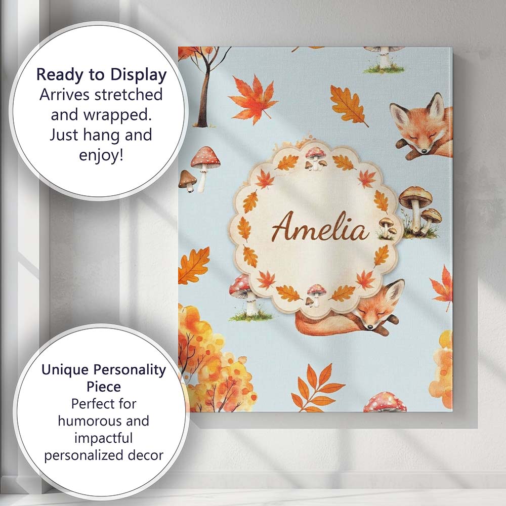 Personalised Name Cute Autumn Fox Leaves Custom Unique Gift Idea Elegant Feature Canvas Wall Art Print Decor Picture Ready to Hang