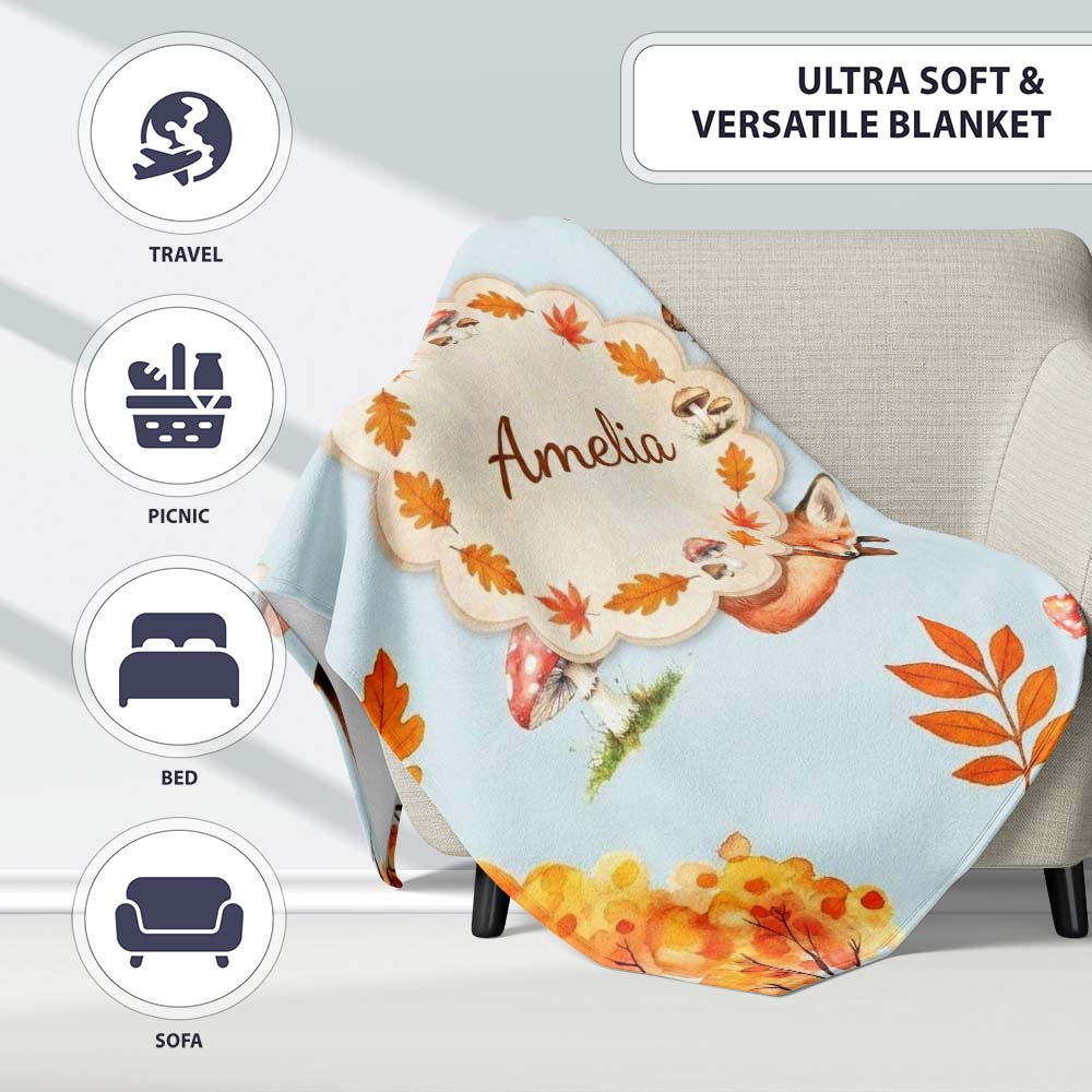Cute Autumn Fox Leaves Mushrooms Watercolor Blue Background Personalised Custom Name Super Soft Fleece Blanket Bed Sofa Throw