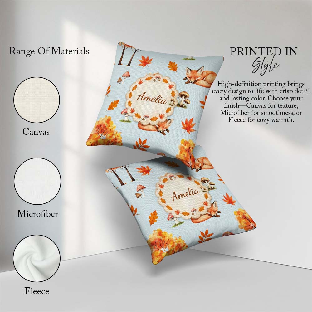 Custom Name Cute Autumn Fox Mushrooms Watercolor Blue Background Square Filled Cushion Throw Pillow Sofa Bed Home Decor Zip Washable UK Made