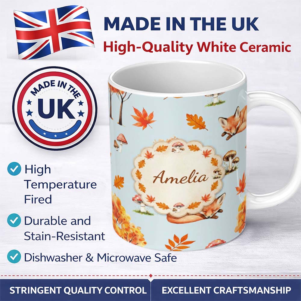 Personalized Custom Name Cute Autumn Fox Leaves Mushrooms Watercolor Blue Background 11oz Ceramic Coffee Tea Mug White Large Handle