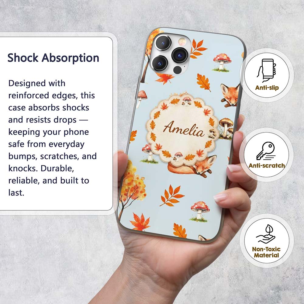 Cute Autumn Fox Leaves Mushrooms Watercolor Blue Custom Name Protective Phone Case Mobile Cover Durable Everyday Smartphone Shock Resistant