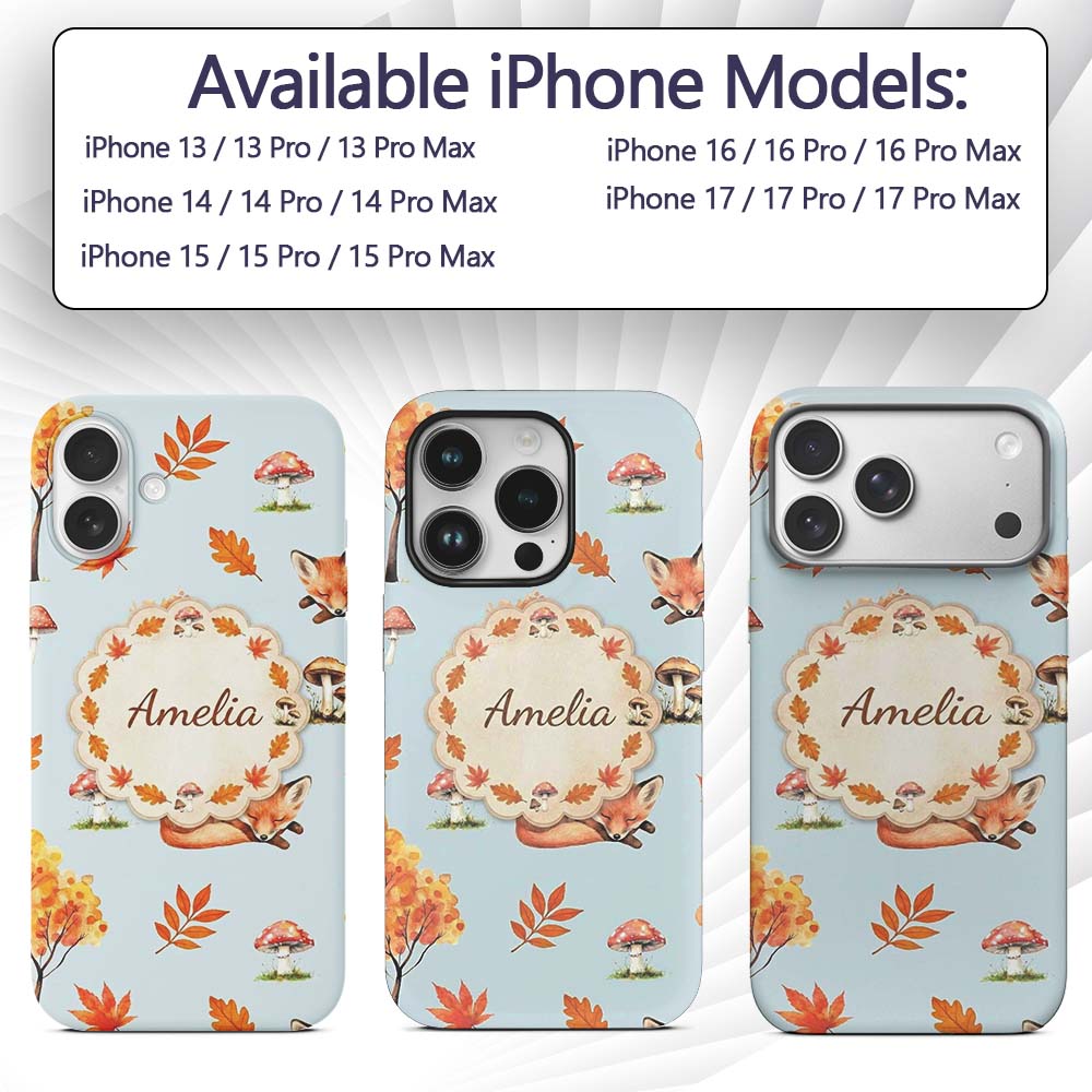 Cute Autumn Fox Leaves Mushrooms Watercolor Blue Custom Name Protective Phone Case Mobile Cover Durable Everyday Smartphone Shock Resistant