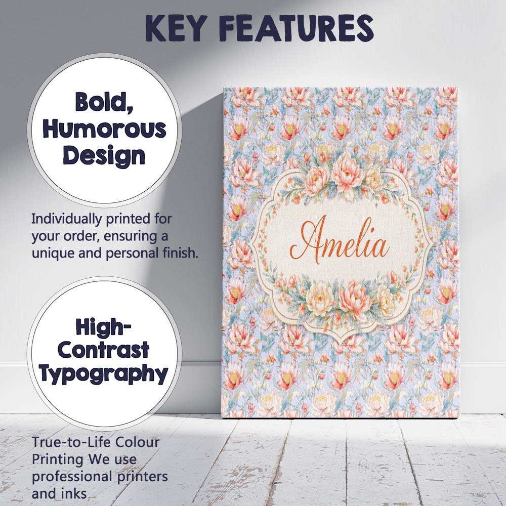Personalised Name Soft Pastel Floral Botanical Light Blue Background Custom Home Canvas Wall Art Print Decor Picture Ready to Hang