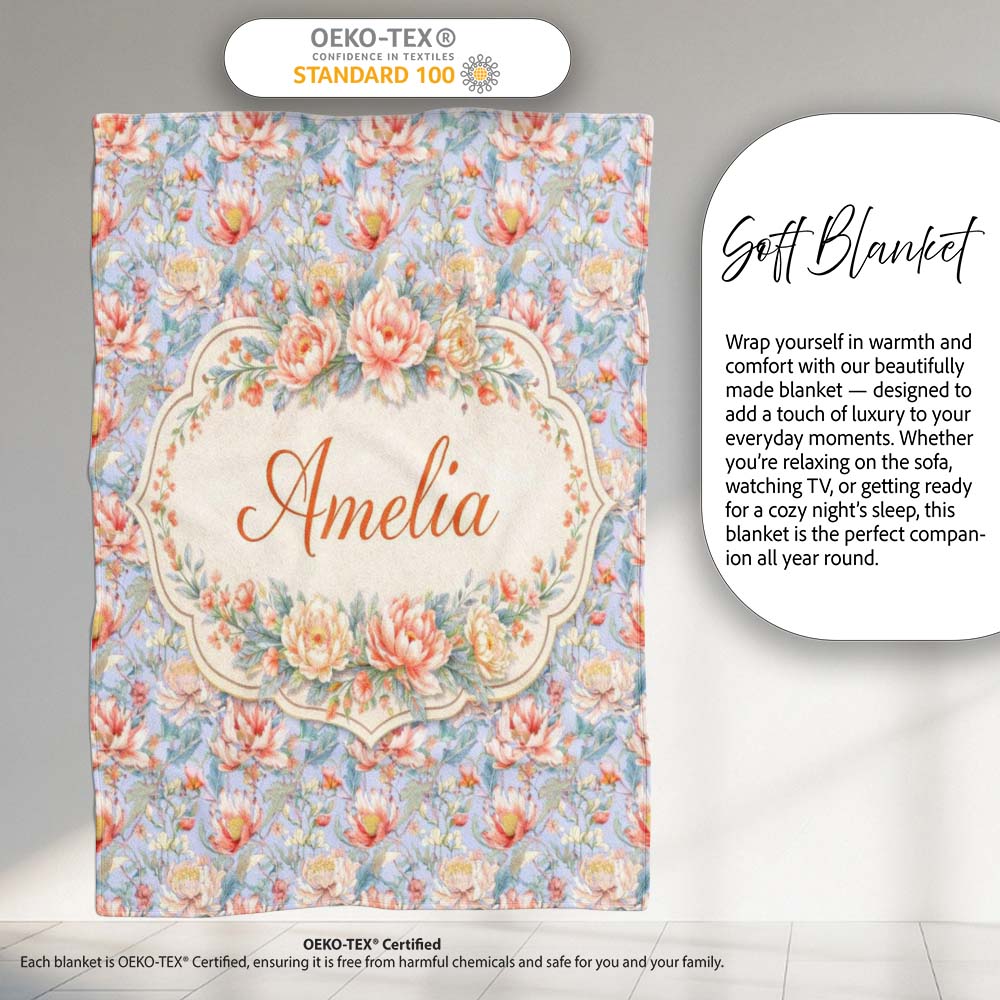 Soft Pastel Floral Botanical Light Blue Background Vintage Style Personalised Custom Name Super Soft Fleece Blanket Bed Sofa Throw