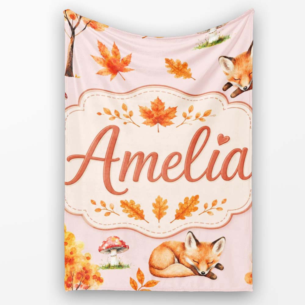 Cute Autumn Fox Leaves Mushrooms Watercolor Sage Green Seamless Personalised Custom Name Super Soft Fleece Blanket Bed Sofa Throw
