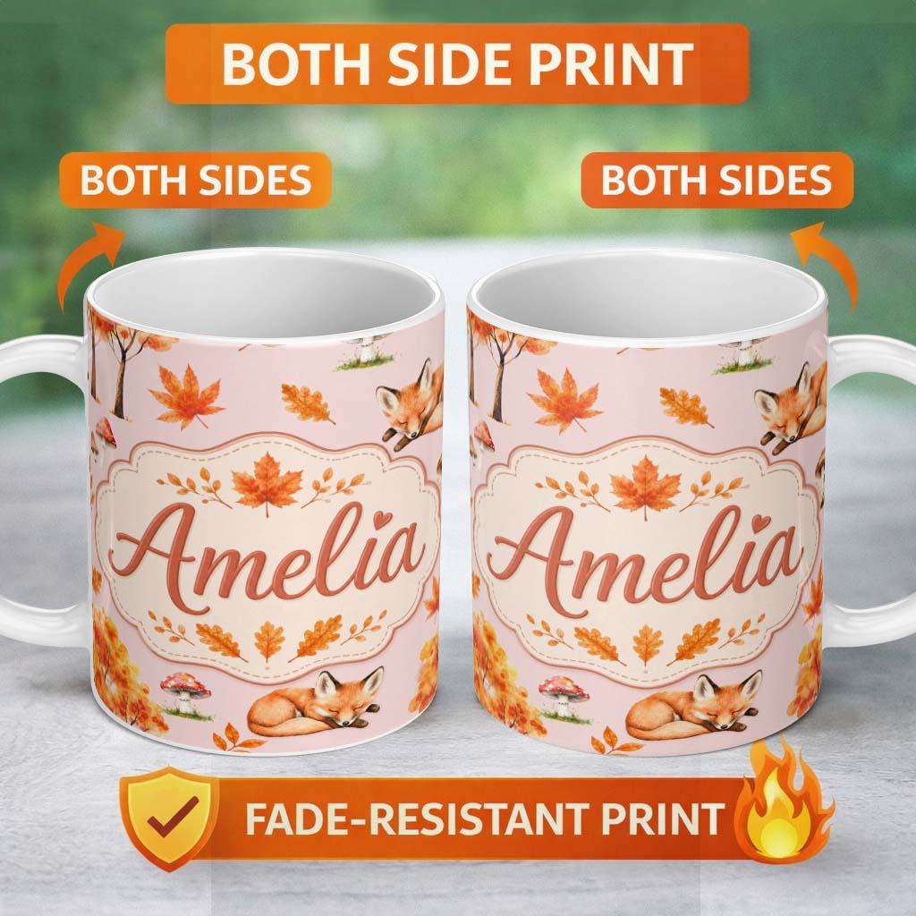 Personalized Custom Name Cute Autumn Fox Leaves Mushrooms Watercolor Sage Green Seamless 11oz Ceramic Coffee Tea Mug White Large Handle