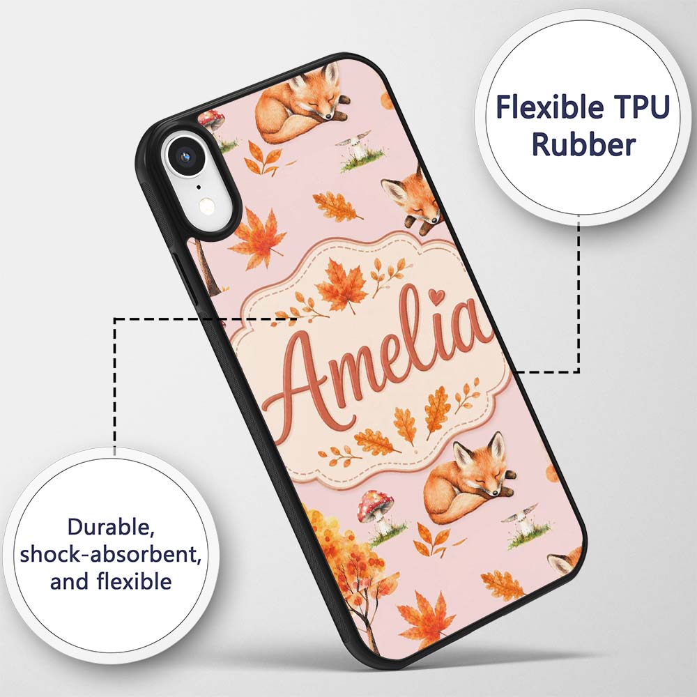 Cute Autumn Fox Leaves Mushrooms Watercolor Sage Custom Name Protective Phone Case Mobile Cover Durable Everyday Smartphone Shock Resistant