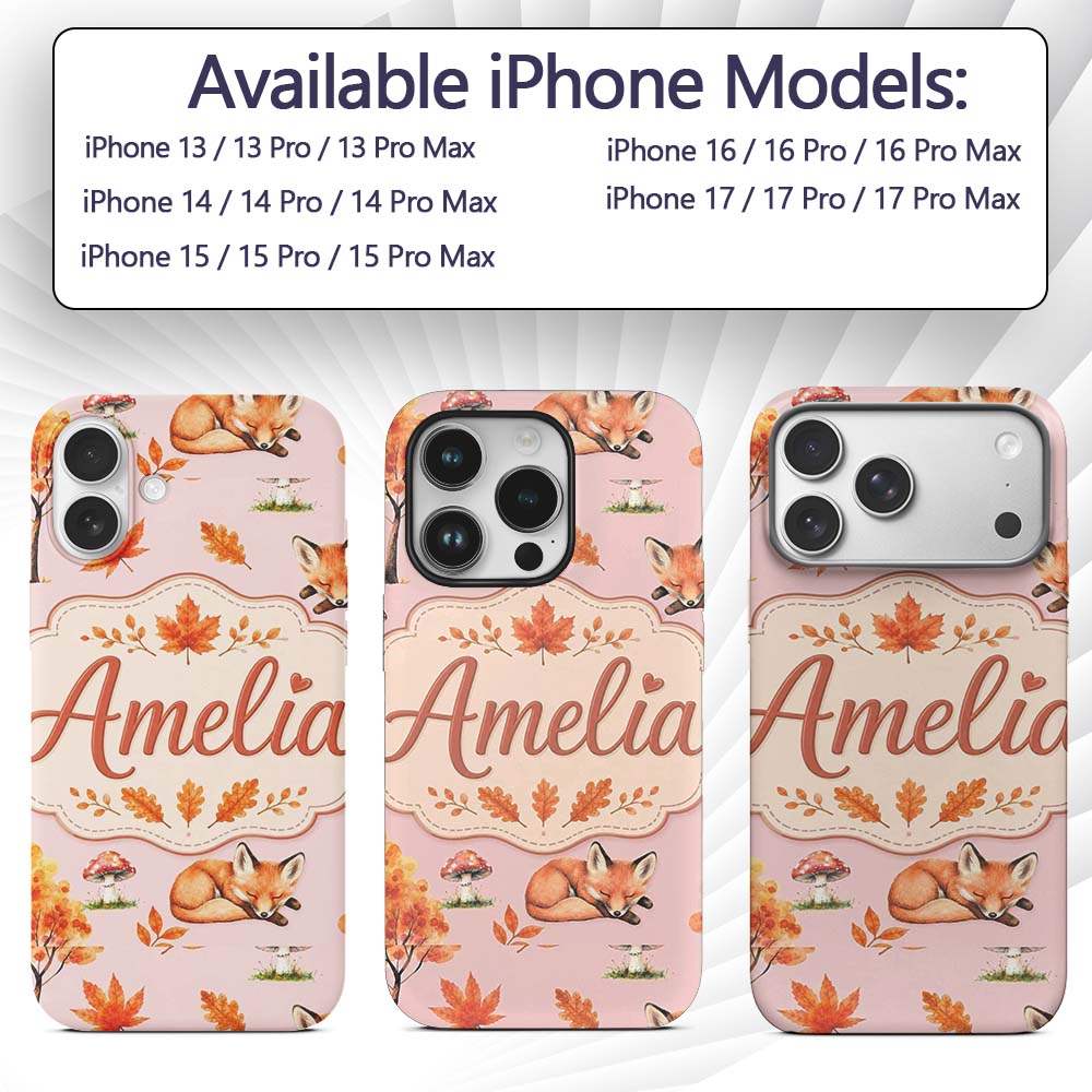 Cute Autumn Fox Leaves Mushrooms Watercolor Sage Custom Name Protective Phone Case Mobile Cover Durable Everyday Smartphone Shock Resistant