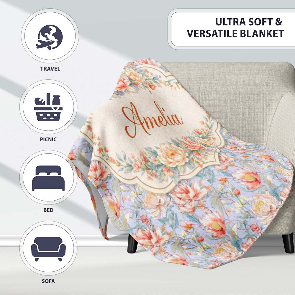 Soft Pastel Floral Botanical Light Blue Background Vintage Style Personalised Custom Name Super Soft Fleece Blanket Bed Sofa Throw
