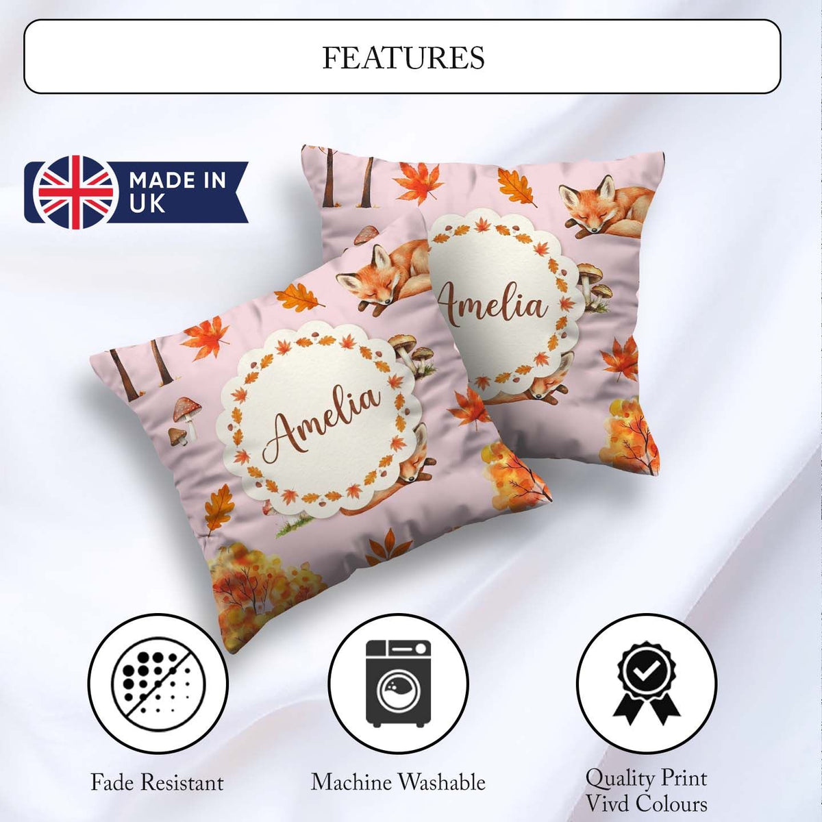 Custom Name Cute Autumn Fox Leaves Watercolor Soft Pink Seamless Square Filled Cushion Throw Pillow Sofa Bed Home Decor Zip Washable UK Made