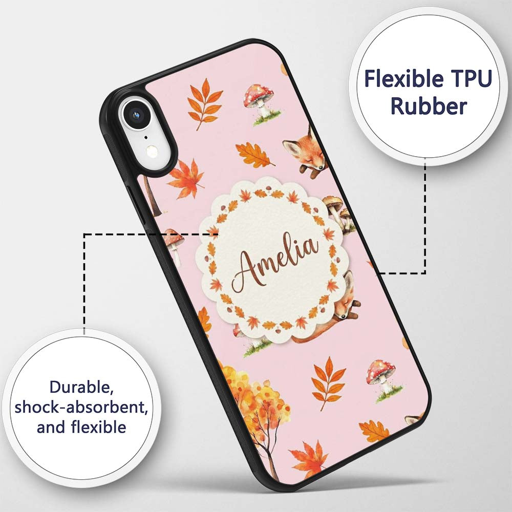 Cute Autumn Fox Leaves Mushrooms Watercolor Soft Custom Name Protective Phone Case Mobile Cover Durable Everyday Smartphone Shock Resistant