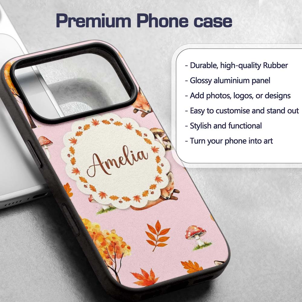 Cute Autumn Fox Leaves Mushrooms Watercolor Soft Custom Name Protective Phone Case Mobile Cover Durable Everyday Smartphone Shock Resistant