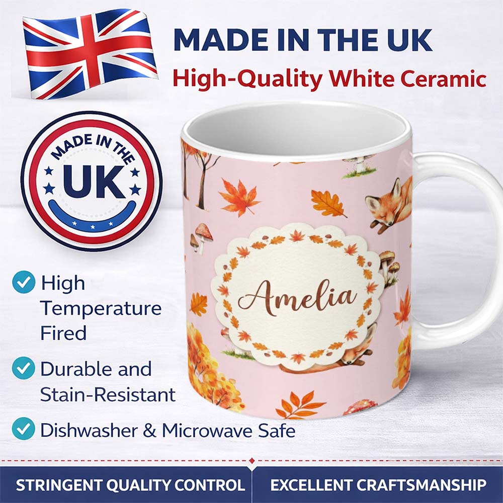Personalized Custom Name Cute Autumn Fox Leaves Mushrooms Watercolor Soft Pink Seamless 11oz Ceramic Coffee Tea Mug White Large Handle
