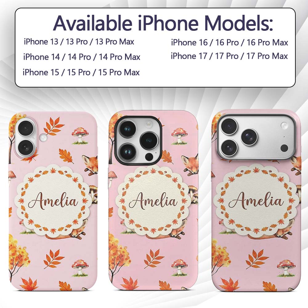 Cute Autumn Fox Leaves Mushrooms Watercolor Soft Custom Name Protective Phone Case Mobile Cover Durable Everyday Smartphone Shock Resistant