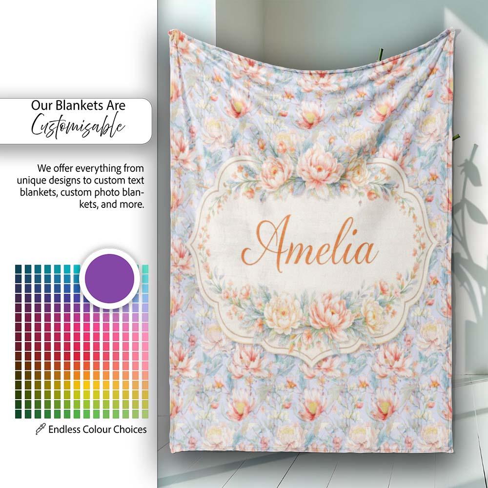 Soft Pastel Floral Botanical Light Blue Background Vintage Style Personalised Custom Name Super Soft Fleece Blanket Bed Sofa Throw