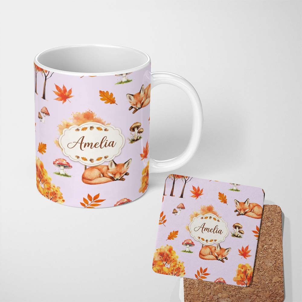 Personalized Custom Name Cute Autumn Fox Leaves Mushrooms Watercolor Neutral Cream Seamless 11oz Ceramic Coffee Tea Mug White Large Handle