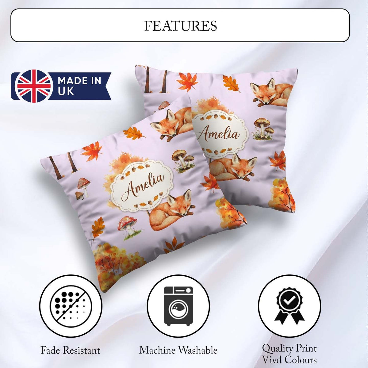 Custom Name Autumn Fox Leaves Mushrooms Watercolor Neutral Cream Square Filled Cushion Throw Pillow Sofa Bed Home Decor Zip Washable UK Made