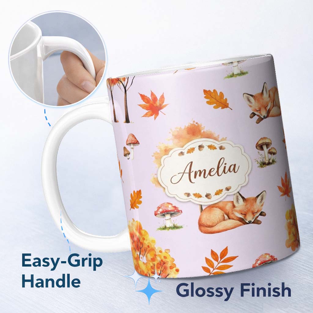 Personalized Custom Name Cute Autumn Fox Leaves Mushrooms Watercolor Neutral Cream Seamless 11oz Ceramic Coffee Tea Mug White Large Handle