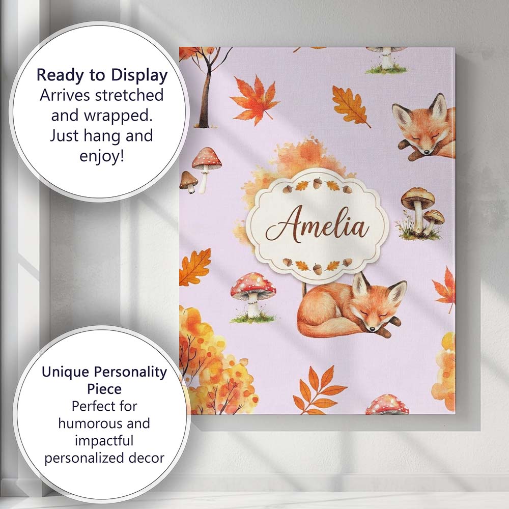 Personalised Name Cute Autumn Fox Leaves Custom Unique Gift Idea Elegant Feature Canvas Wall Art Print Decor Picture Ready to Hang