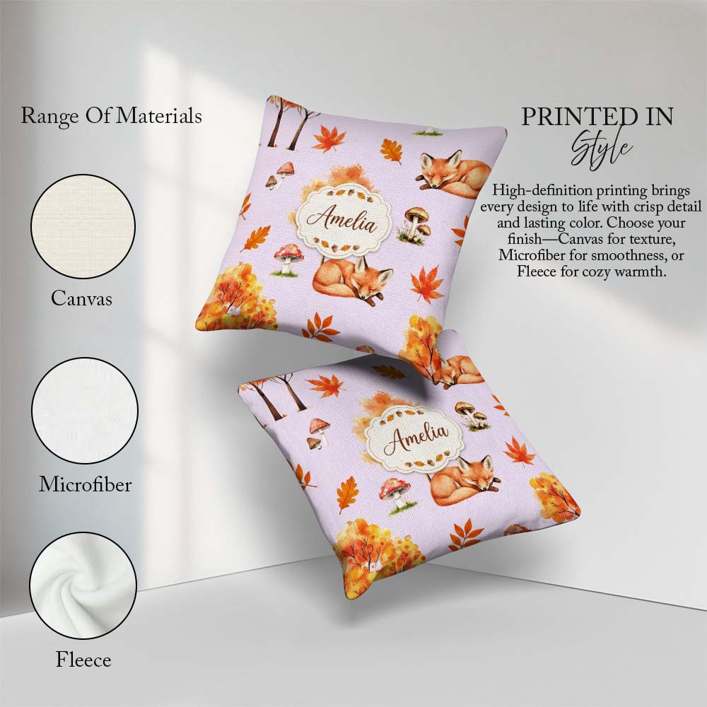 Custom Name Autumn Fox Leaves Mushrooms Watercolor Neutral Cream Square Filled Cushion Throw Pillow Sofa Bed Home Decor Zip Washable UK Made