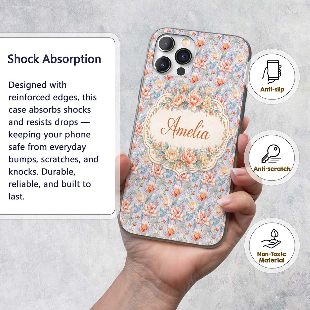 Soft Pastel Floral Botanical Light Printed Design Custom Name Protective Phone Case Mobile Cover Durable Everyday Smartphone Shock Resistant