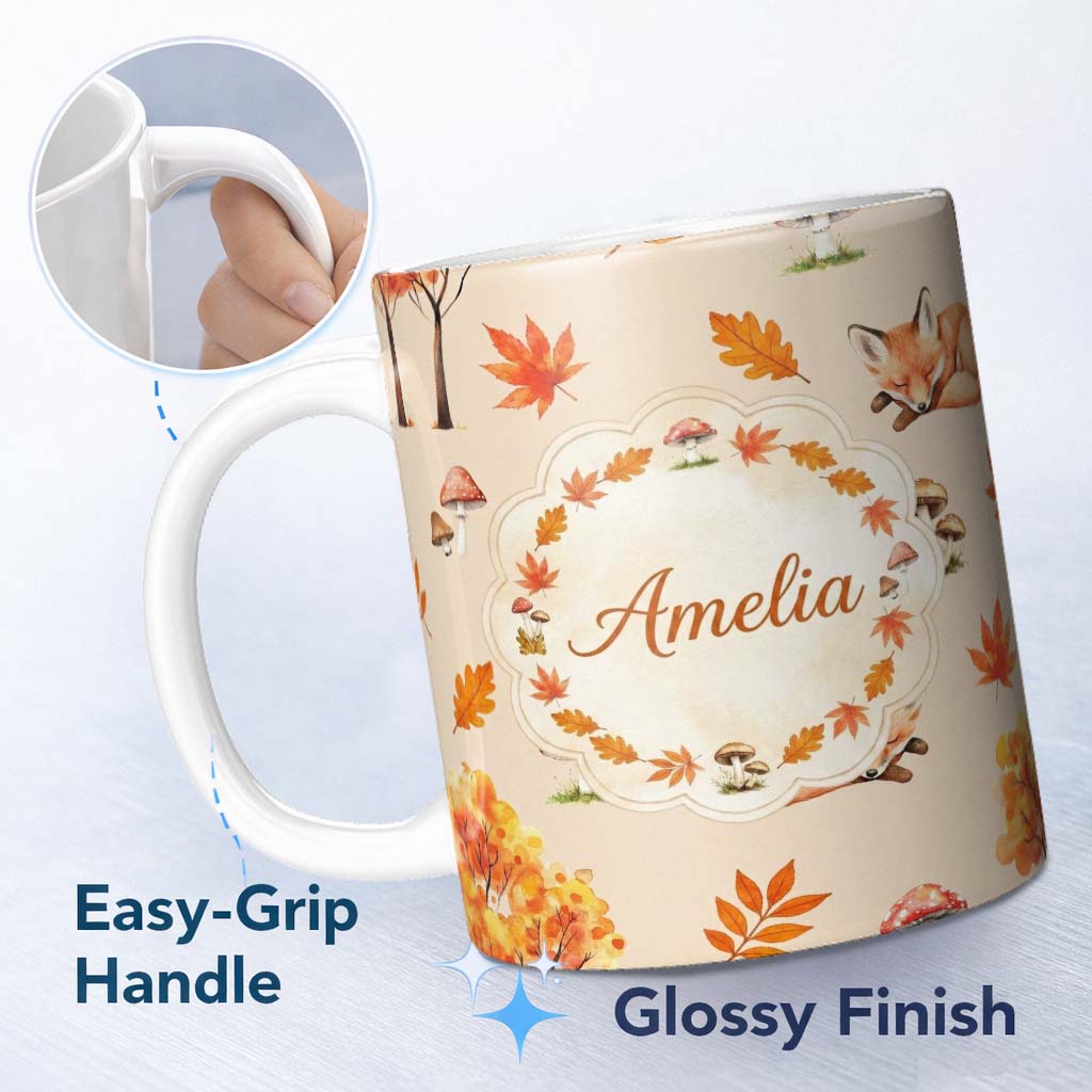 Personalized Custom Name Cute Autumn Fox Leaves Mushrooms Watercolor Warm Beige Seamless 11oz Ceramic Coffee Tea Mug White Large Handle