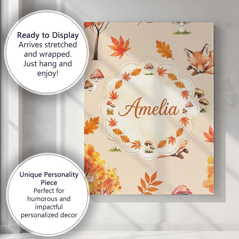 Personalised Name Cute Autumn Fox Leaves Custom Unique Gift Idea Elegant Feature Canvas Wall Art Print Decor Picture Ready to Hang