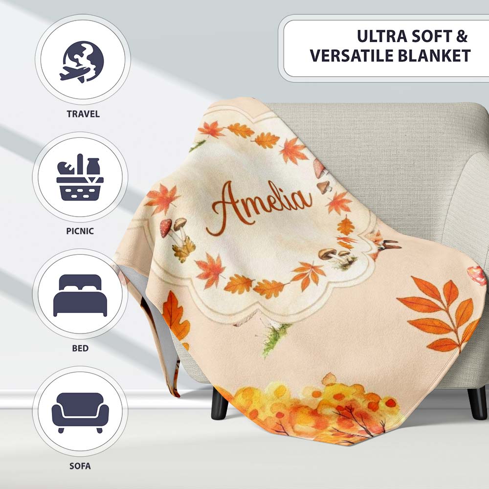 Cute Autumn Fox Leaves Mushrooms Watercolor Warm Beige Seamless Personalised Custom Name Super Soft Fleece Blanket Bed Sofa Throw