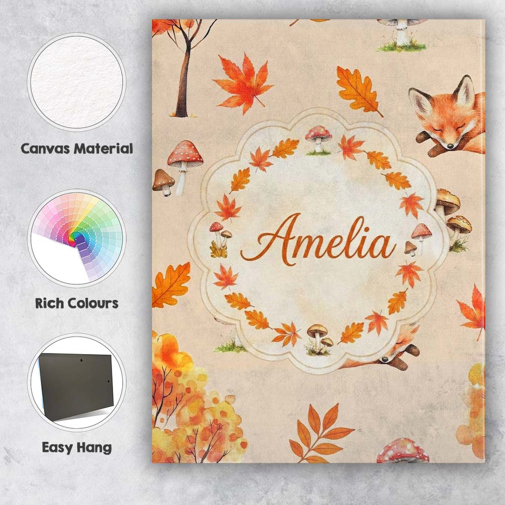 Personalised Name Cute Autumn Fox Leaves Custom Unique Gift Idea Elegant Feature Canvas Wall Art Print Decor Picture Ready to Hang