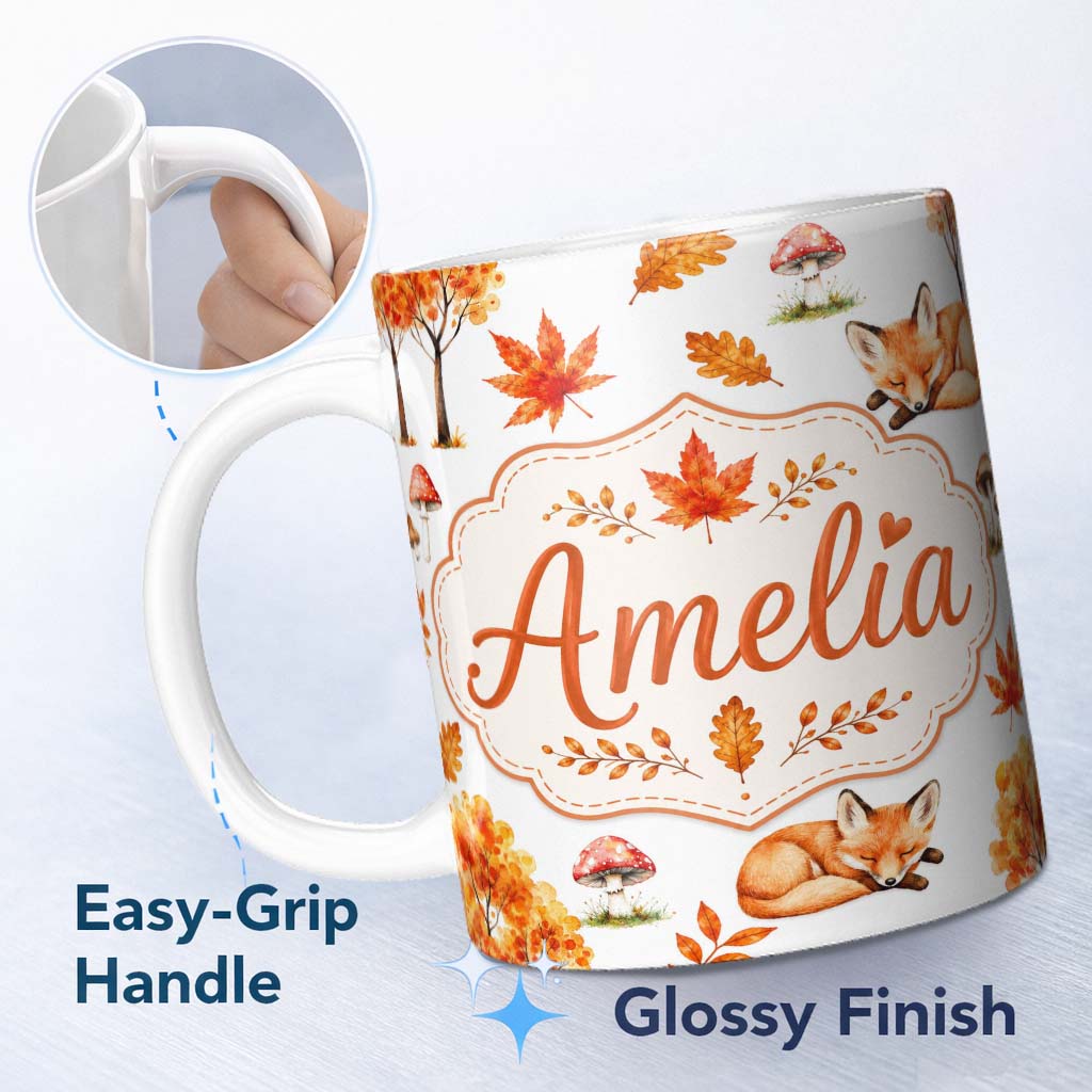 Personalized Custom Name Cute Autumn Fox Leaves Mushrooms Watercolor Light Grey Seamless 11oz Ceramic Coffee Tea Mug White Large Handle