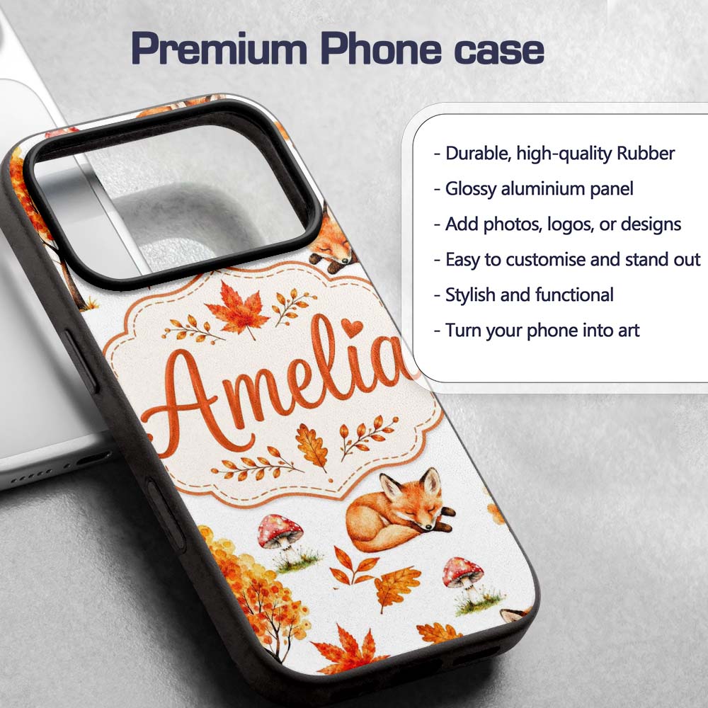 Cute Autumn Fox Leaves Mushrooms Watercolor Light Custom Name Protective Phone Case Mobile Cover Durable Everyday Smartphone Shock Resistant