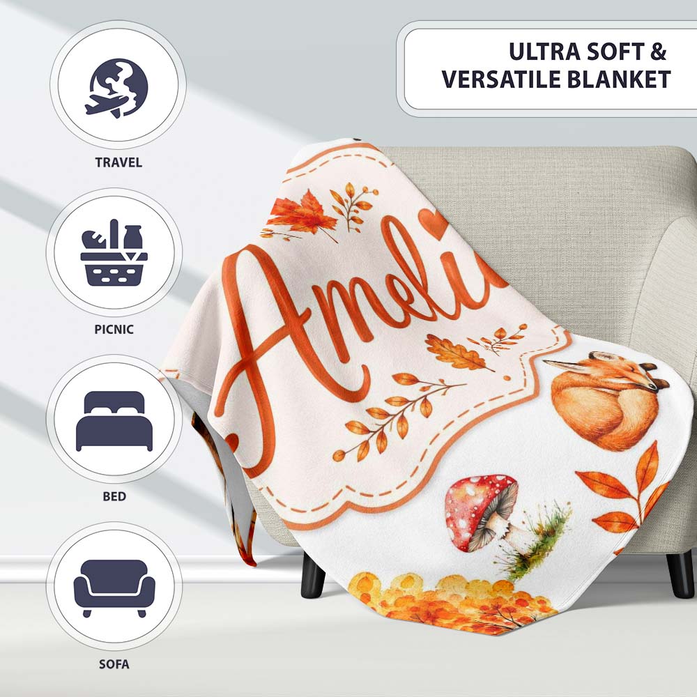 Cute Autumn Fox Leaves Mushrooms Watercolor Light Grey Seamless Personalised Custom Name Super Soft Fleece Blanket Bed Sofa Throw