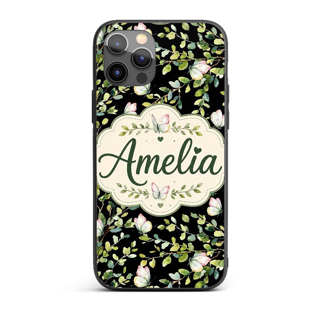 Elegant Butterflies and Green Leaves on Black Custom Name Protective Phone Case Mobile Cover Durable Everyday Smartphone Shock Resistant