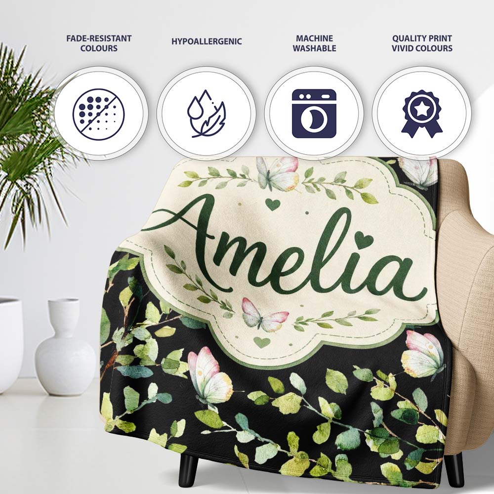 Elegant Butterflies and Green Leaves on Black Background Seamless Personalised Custom Name Super Soft Fleece Blanket Bed Sofa Throw