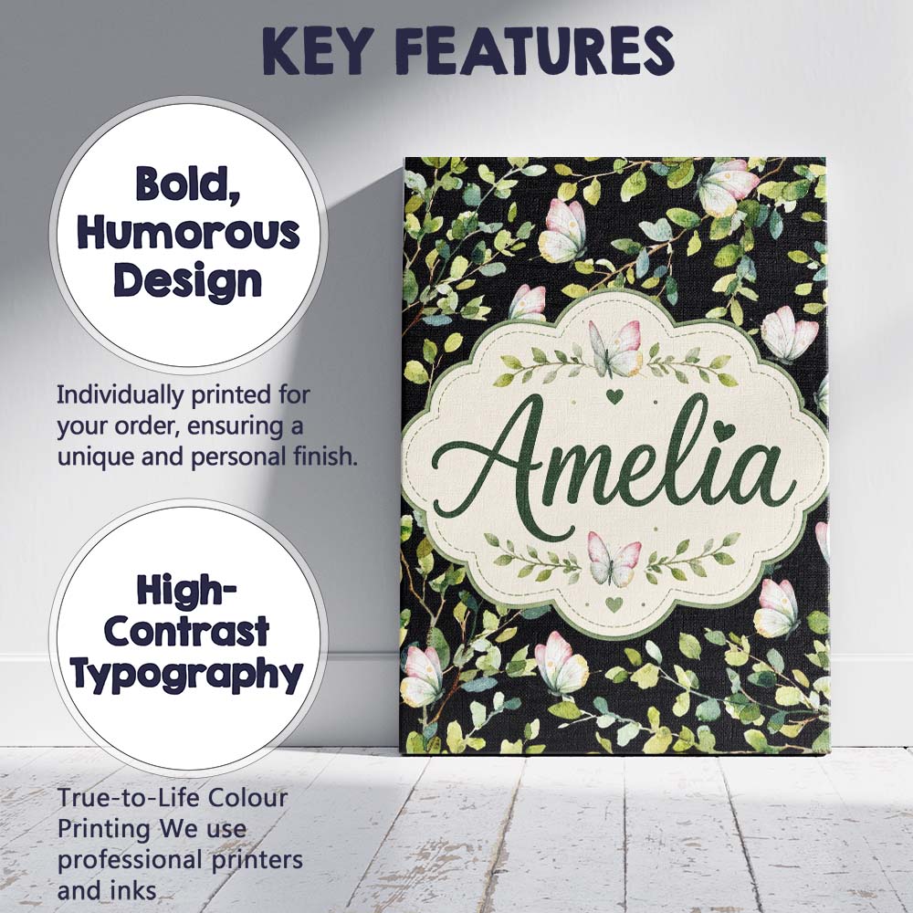 Personalised Name Elegant Butterflies and Custom Bespoke Decorative Contemporary Canvas Wall Art Print Decor Picture Ready to Hang