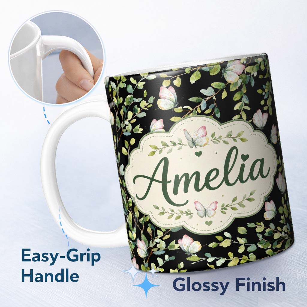 Personalized Custom Name Elegant Butterflies and Green Leaves on Black Background Seamless 11oz Ceramic Coffee Tea Mug White Large Handle
