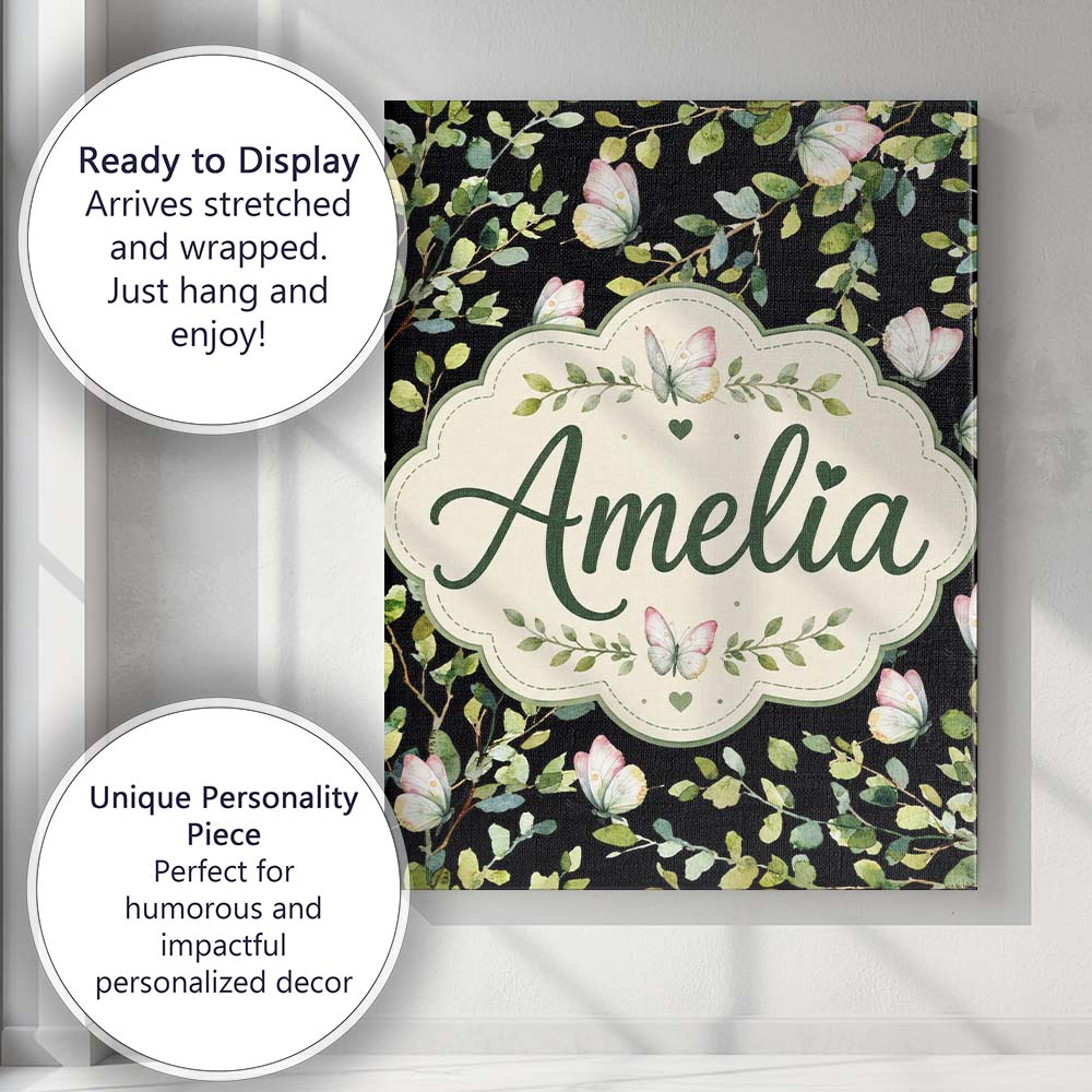 Personalised Name Elegant Butterflies and Custom Bespoke Decorative Contemporary Canvas Wall Art Print Decor Picture Ready to Hang