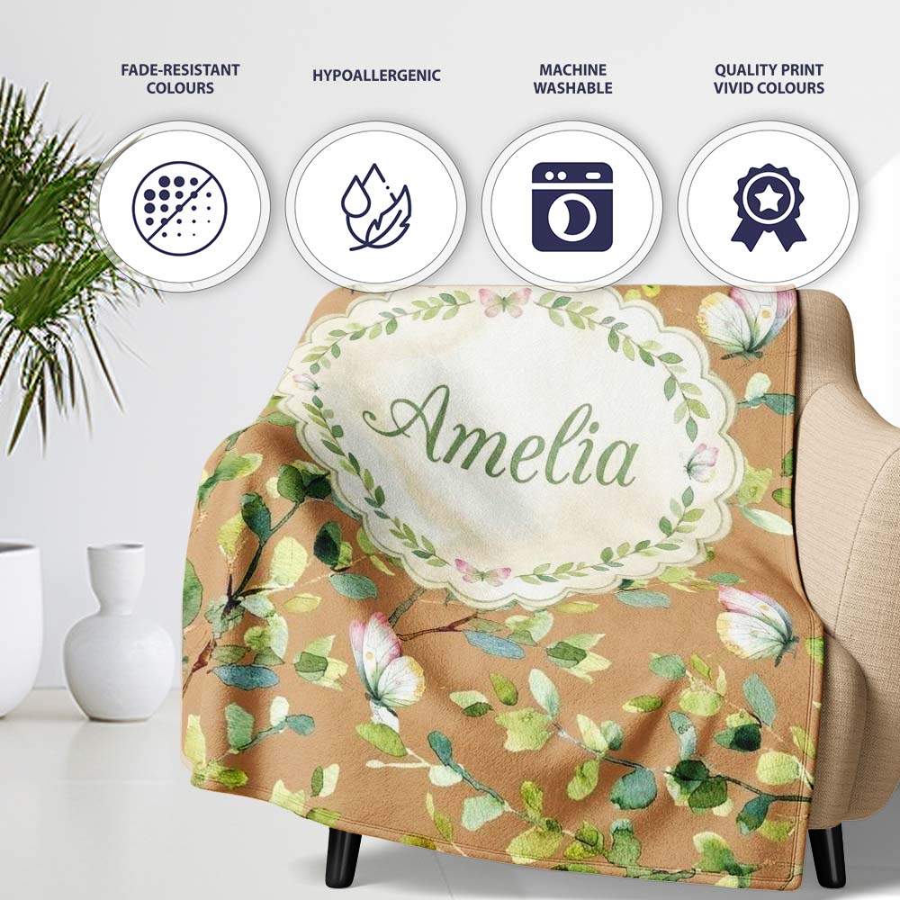 Elegant Watercolor Butterflies and Green Leaves on Warm Tan Personalised Custom Name Super Soft Fleece Blanket Bed Sofa Throw